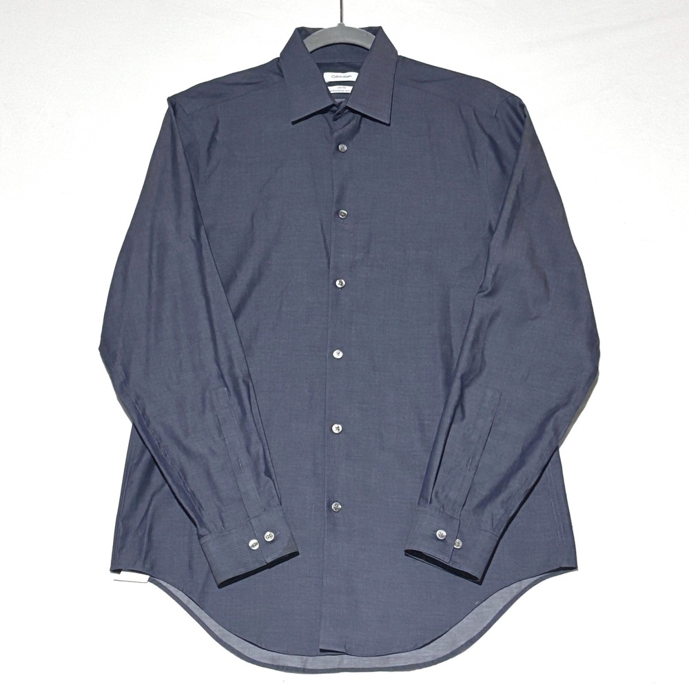 Calvin Klein Dress Shirt Mens 15 32/33 Navy Blue Slim Performance Wrinkle Free